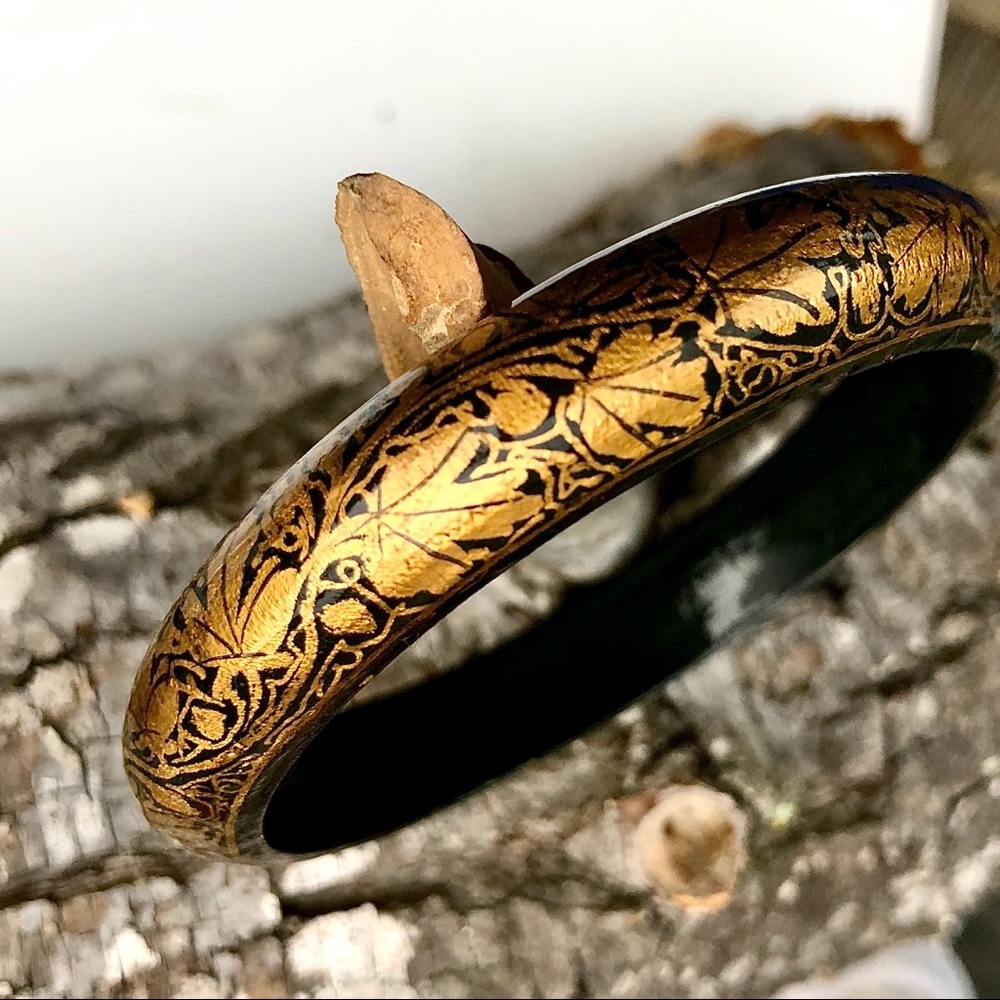 Vintage Ornate Painted Gold Floral Wood Bangle